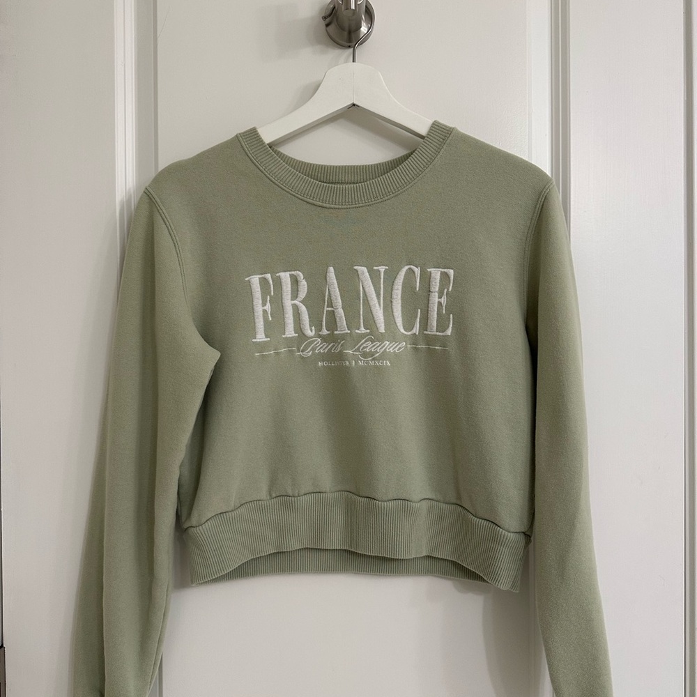 Hollister Sage Green 'FRANCE' Cropped Crewneck Sweatshirt